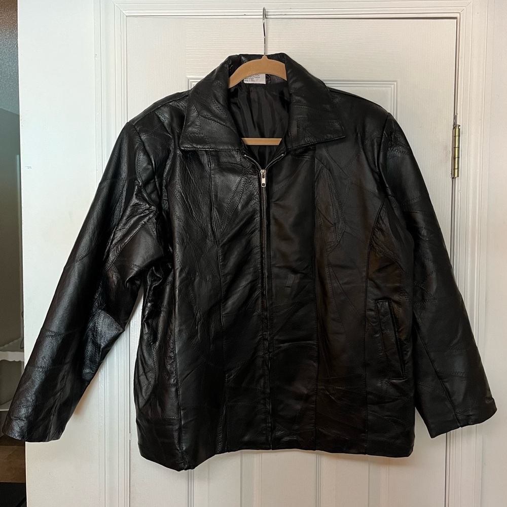 Vintage Flight Path Black Genuine Leather Monochromatic Patchwork Zip Up Jacket